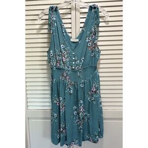 Aeropostale Green/Pink Floral Fit Flare Short Sundress Size L Sleeveless Smocked